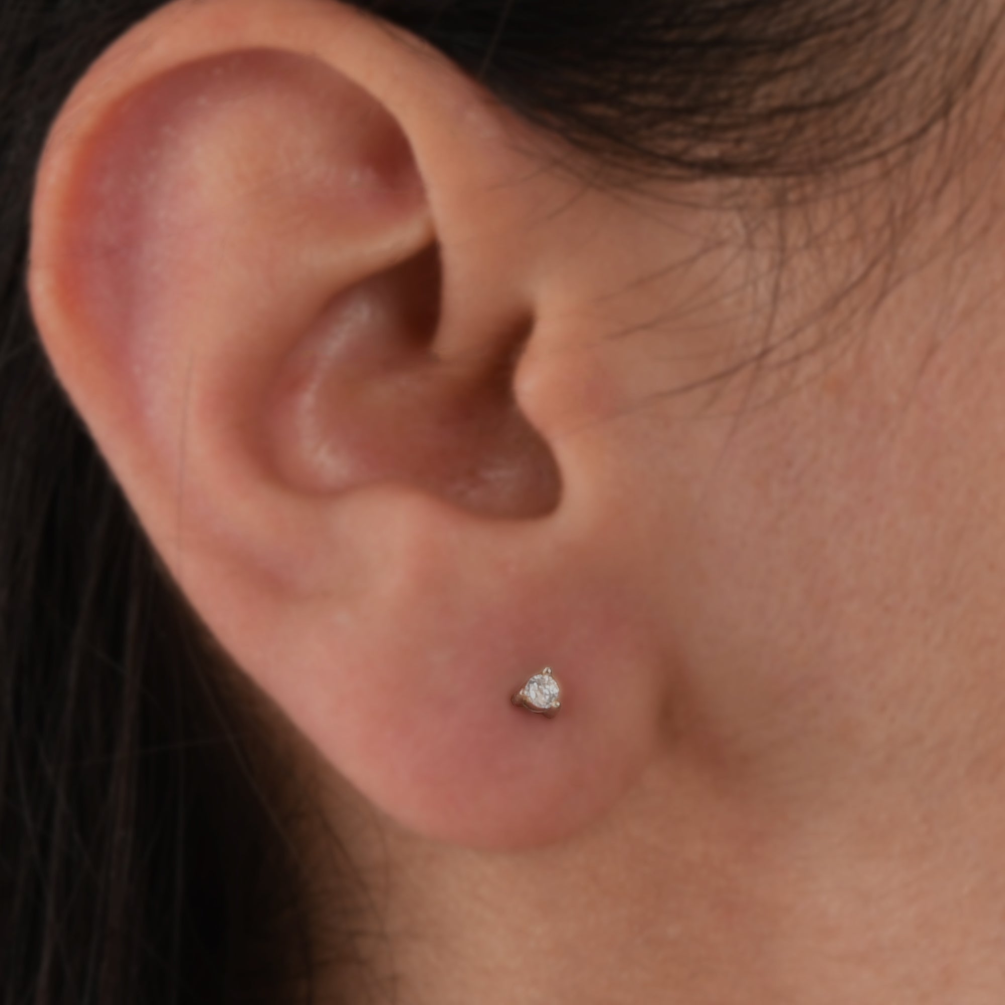 14k Solid Gold 3 Prong Diamond Stud, Solitaire Cartilage Piercing Earring