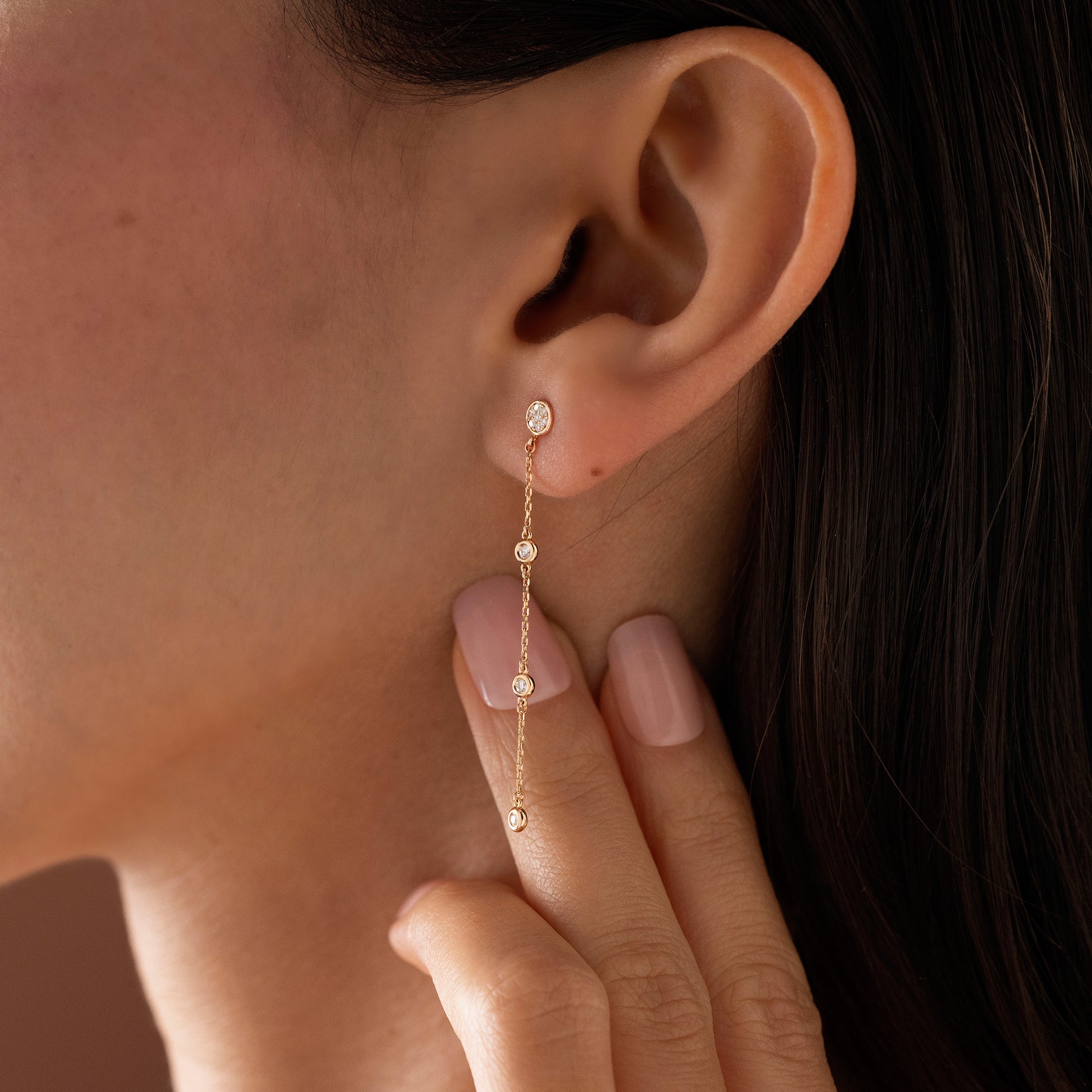 14k Solid Gold Diamond Cluster Dangle Earrings, Natural Diamond Chain Earring Jewelry