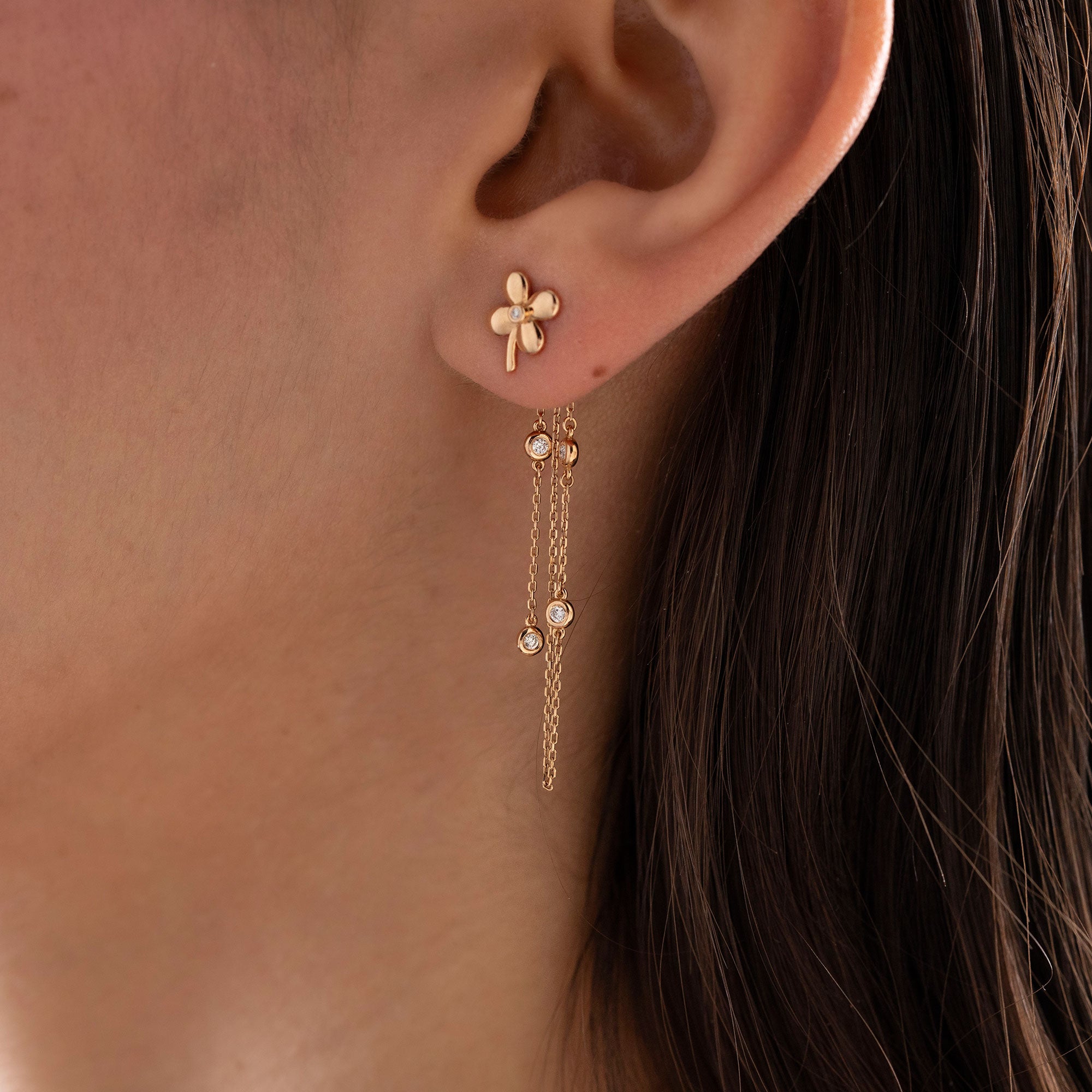 Arel Custom Jewelry 14k solid gold flower earrings with natural diamond accents and dangling chains