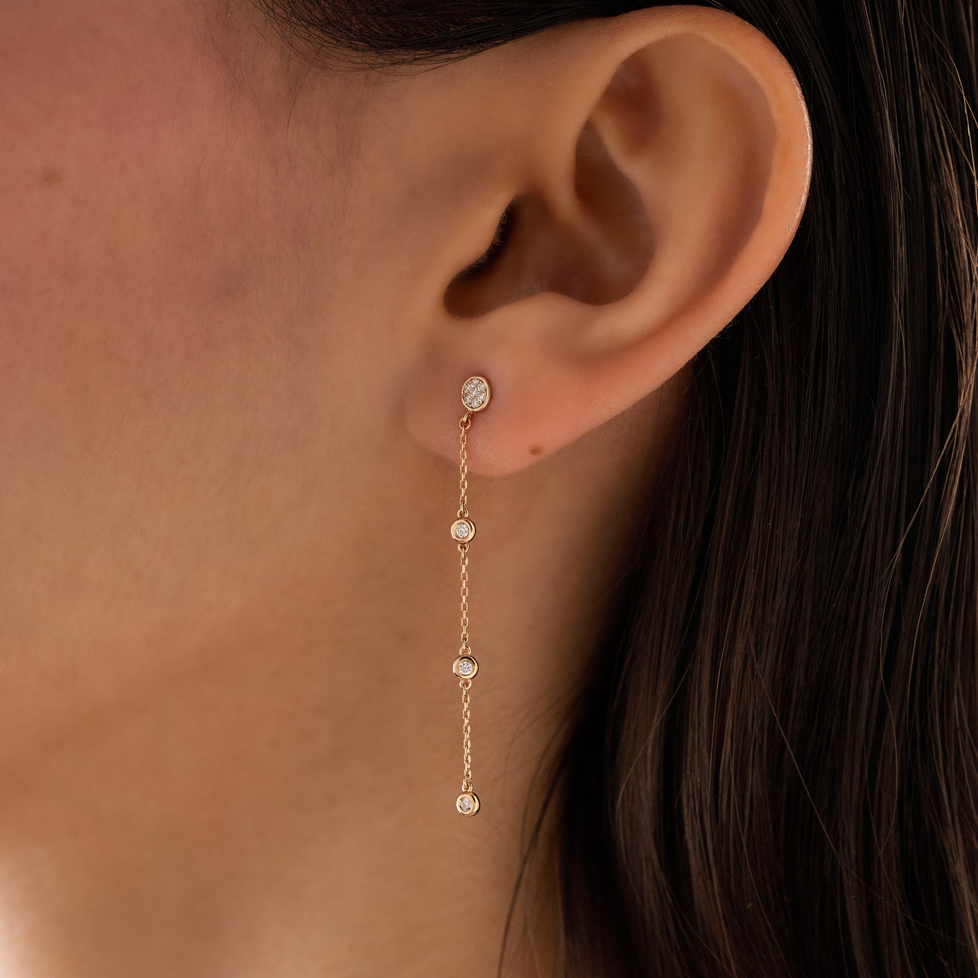 14k Solid Gold Diamond Cluster Dangle Earrings, Natural Diamond Chain Earring Jewelry
