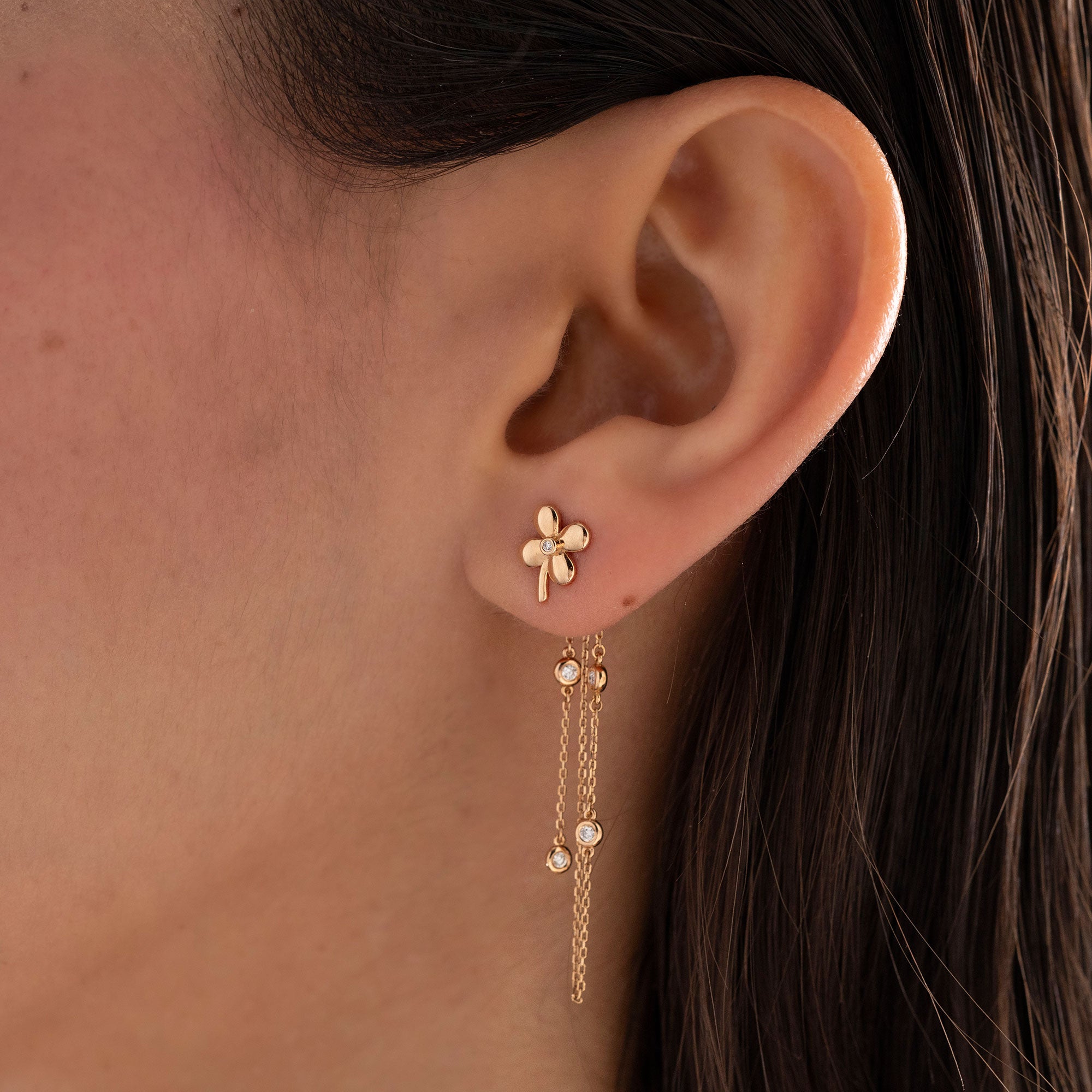 Arel Custom Jewelry 14k solid gold flower earrings with natural diamond accents and dangling chains