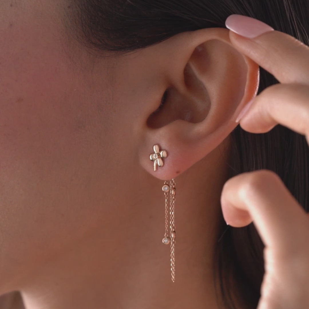 Arel Custom Jewelry 14k solid gold flower earrings with natural diamond accents and dangling chains