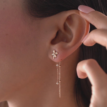 Arel Custom Jewelry 14k solid gold flower earrings with natural diamond accents and dangling chains