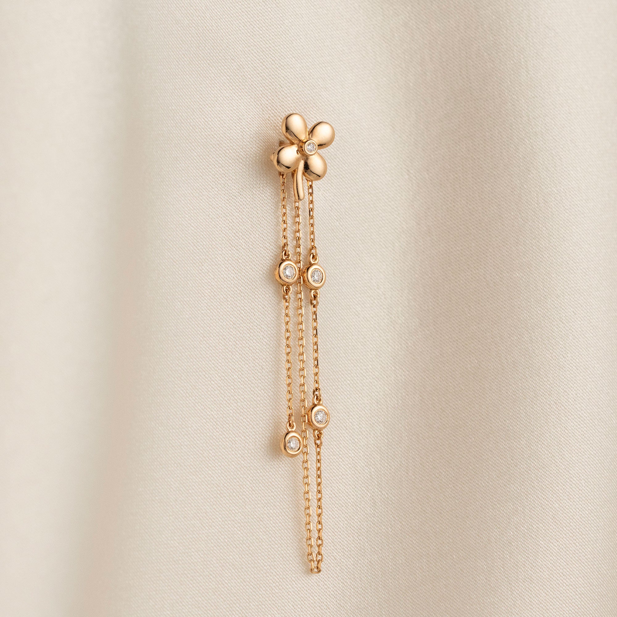 Arel Custom Jewelry 14k solid gold flower earrings with natural diamond accents and dangling chains