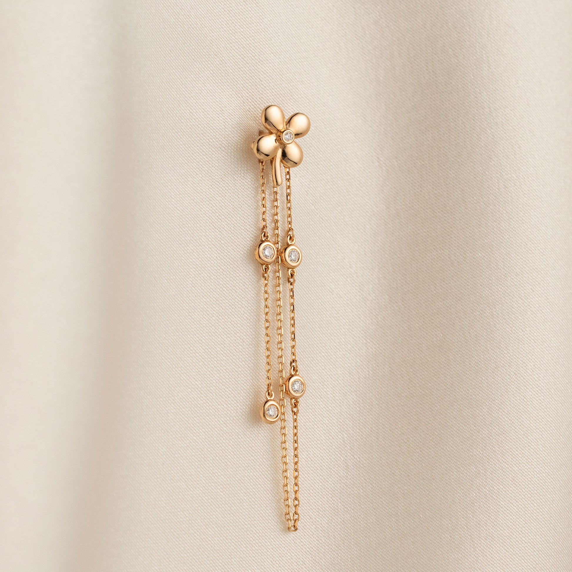 Arel Custom Jewelry 14k solid gold flower earrings with natural diamond accents and dangling chains